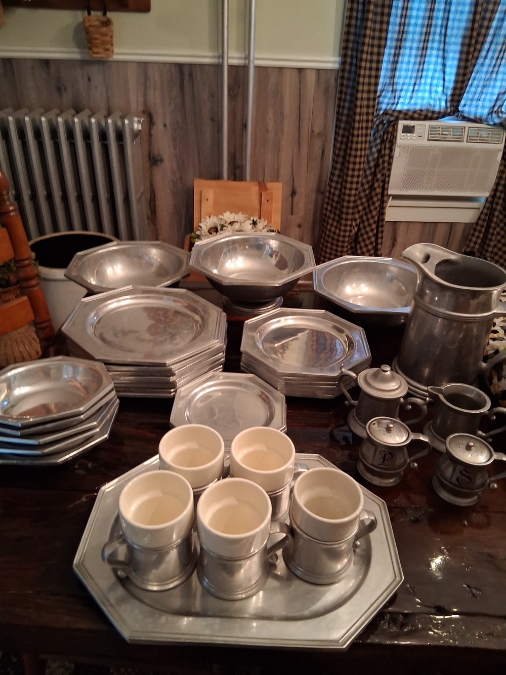 Octagonal Pewter-Style Serveware Set in Silver Tone with Mugs